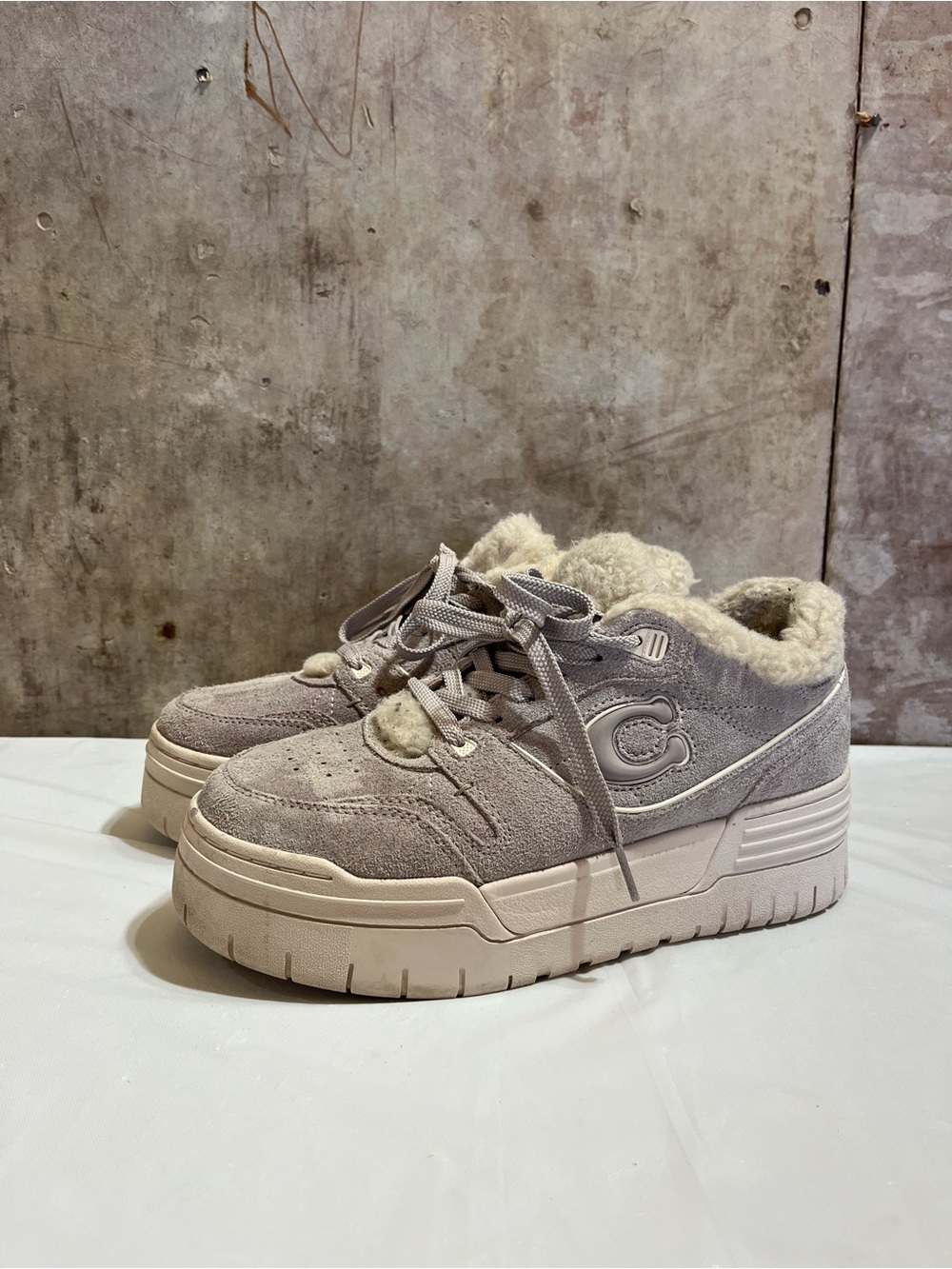 Platform Lace-Up Coach Soho Sneakers with Faux Shearling Lining - Taupe